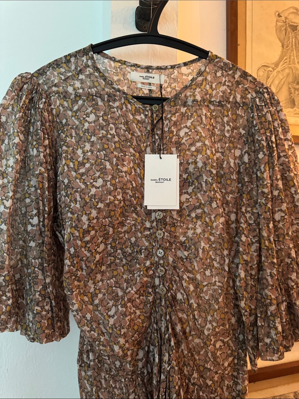 Isabel Marant Floral Puff-Sleeve Sheer Button mid dress in Brown and Yellow